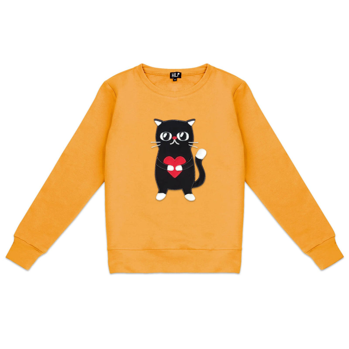 6. Women's HILP Heartful Cat Sweatshirt in yellow, featuring a cute cat with heart design, studio shot