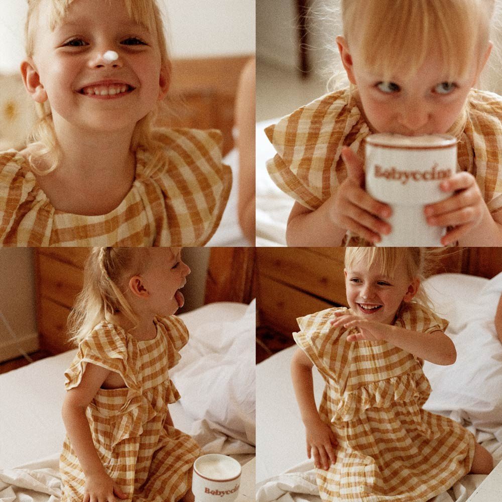 4. Collage of child with Terra Mamma Babyccino ceramic mug, wearing yellow plaid dress, various playful poses indoors