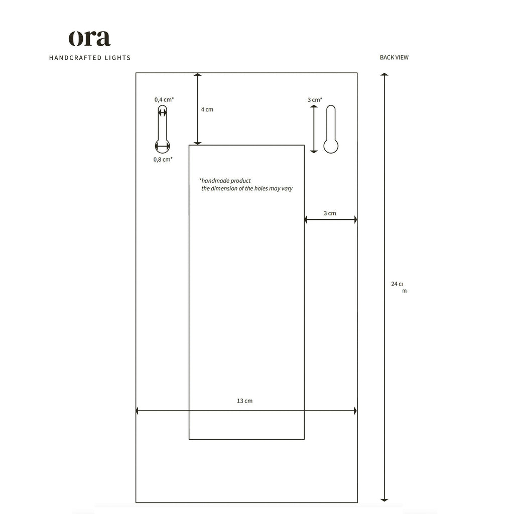 5. Back view size chart for Ora ceramic wall light, showing detailed measurements.