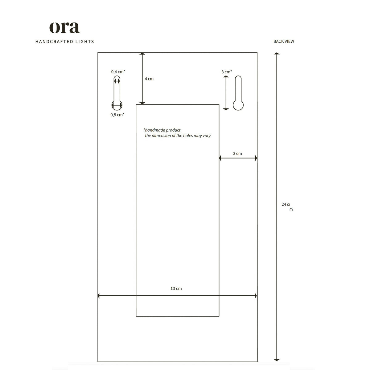 5. Back view size chart for Ora ceramic wall light, showing detailed measurements.