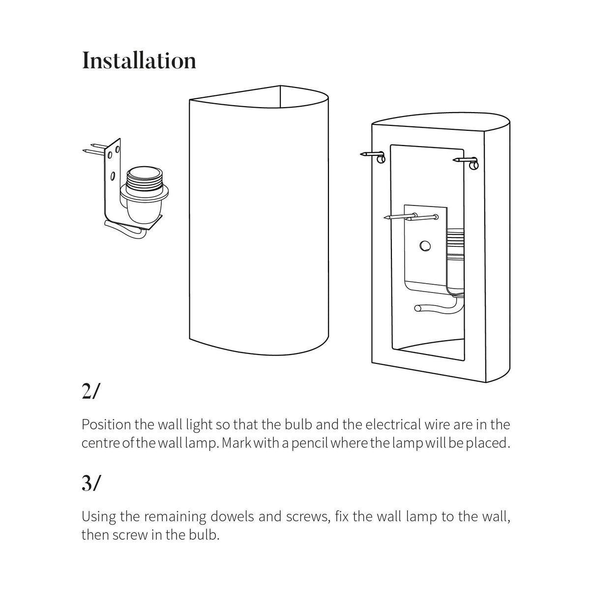 5. Installation guide illustration for Ora ceramic wall light showing positioning and fixing