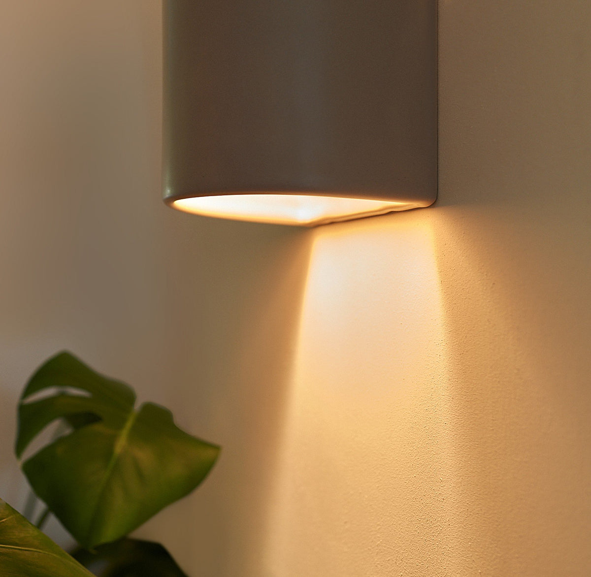 2. Close-up of taupe ceramic wall light sconce with warm light illuminating downward, next to green plant leaves