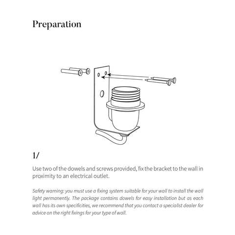 4. Installation illustration showing dowels and screws for mounting ceramic wall light sconce