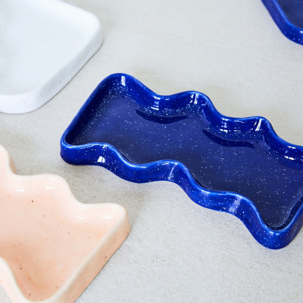 4. Close-up of Ceramic Wave Tray in Rectangular Blue by 5mm Paper with other trays