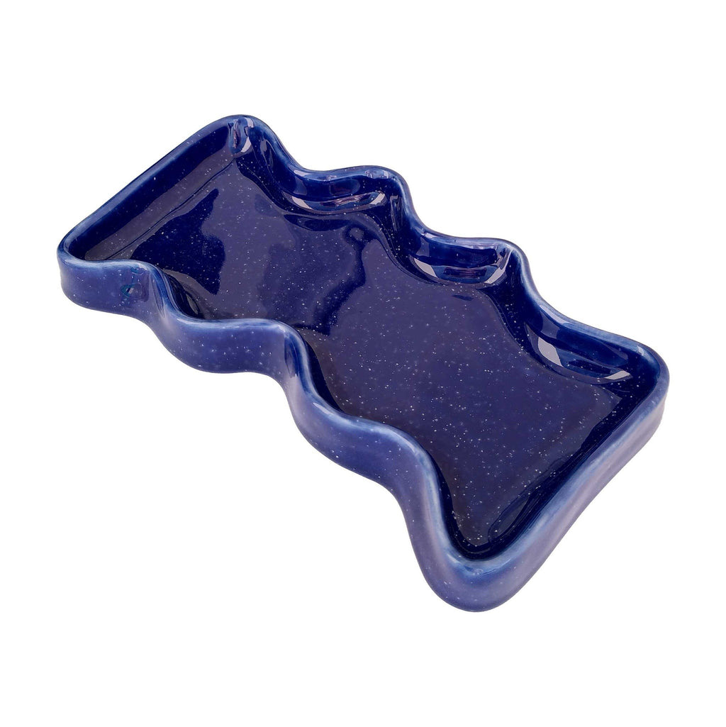 7. Ceramic Wave Tray in Rectangular Blue by 5mm Paper holding keys, shown with peach tray