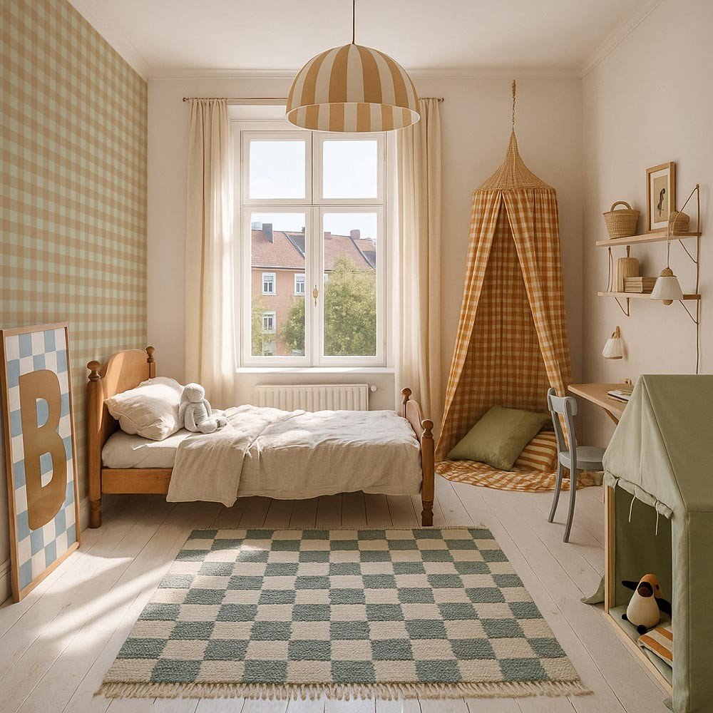 1. Children's room with check brown and green wallpaper, wooden bed, and canopy tent, creating a cozy vintage atmosphere