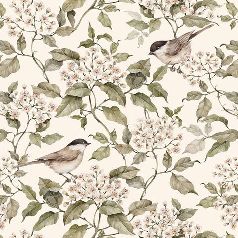 1. Beige wallpaper featuring birds perched among blossoming branches with green leaves, creating a classic and innocent pattern suitable for children's rooms, made from durable matte paper by Dekornik.