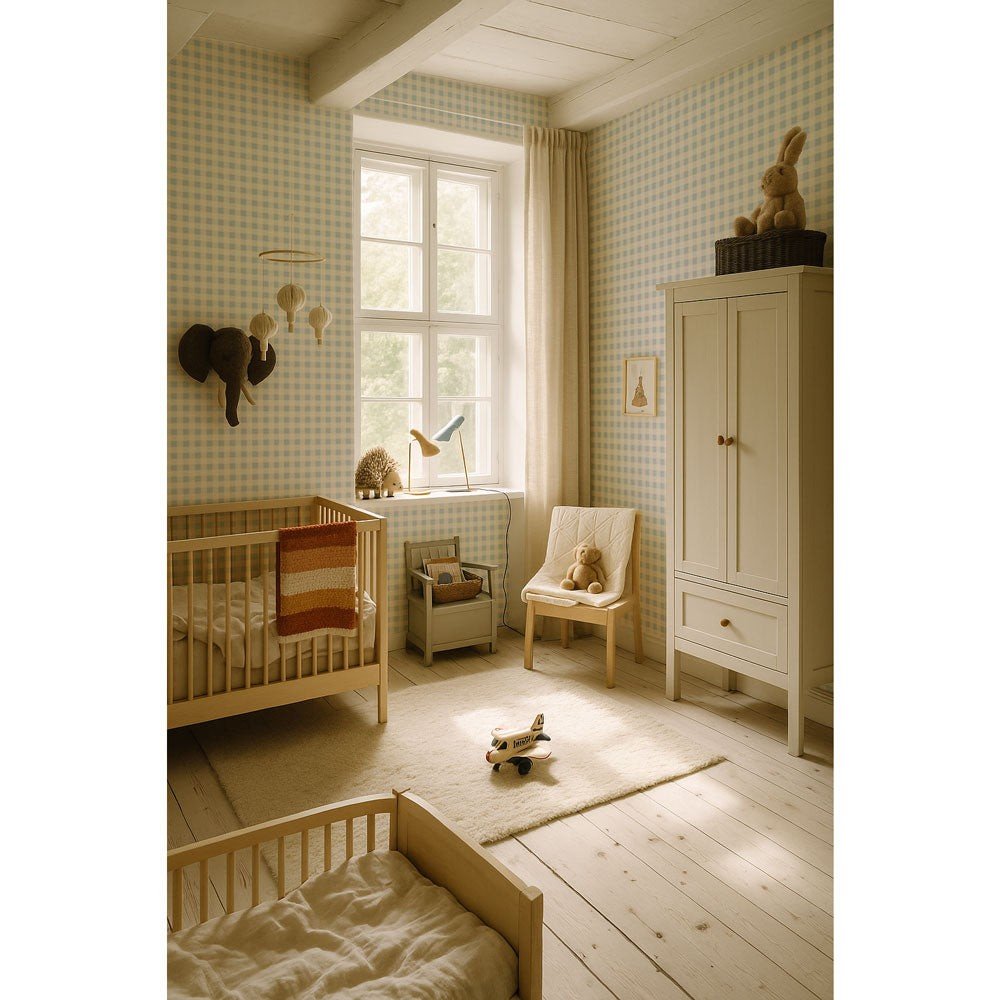 1. Children's room with blue and cream checkered wallpaper, wooden crib, chair, and toys, creating a cozy and neutral setting