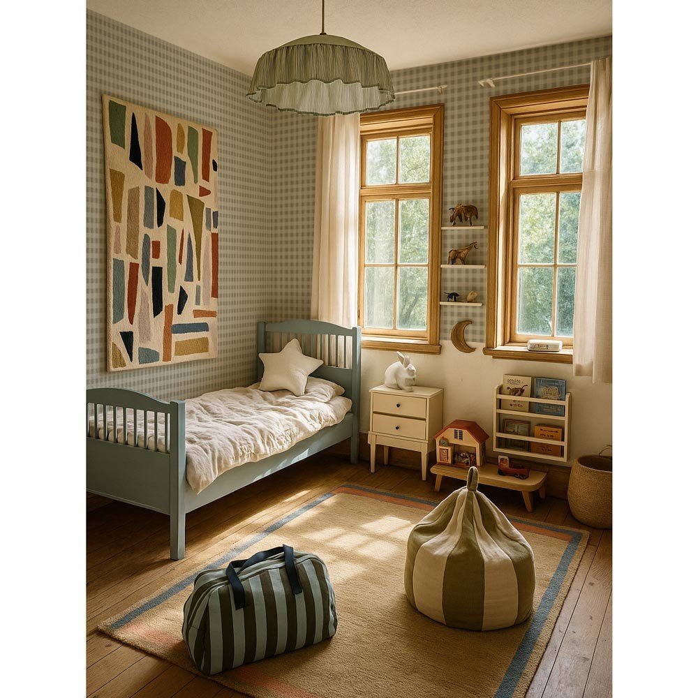 1. Children's room with Dekornik Check Minimini Blue Dark Green Wallpaper, featuring a bed, toys, and natural light from large windows