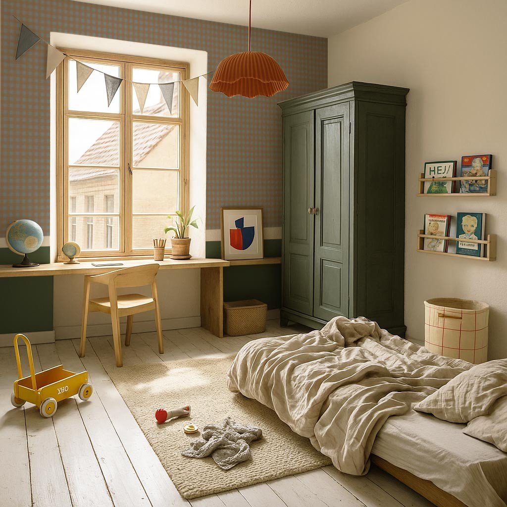 1. Children's room with check minimini brown blue wallpaper by Dekornik, featuring a wooden desk, chair, and green wardrobe, with toys and books on the floor and shelves.
