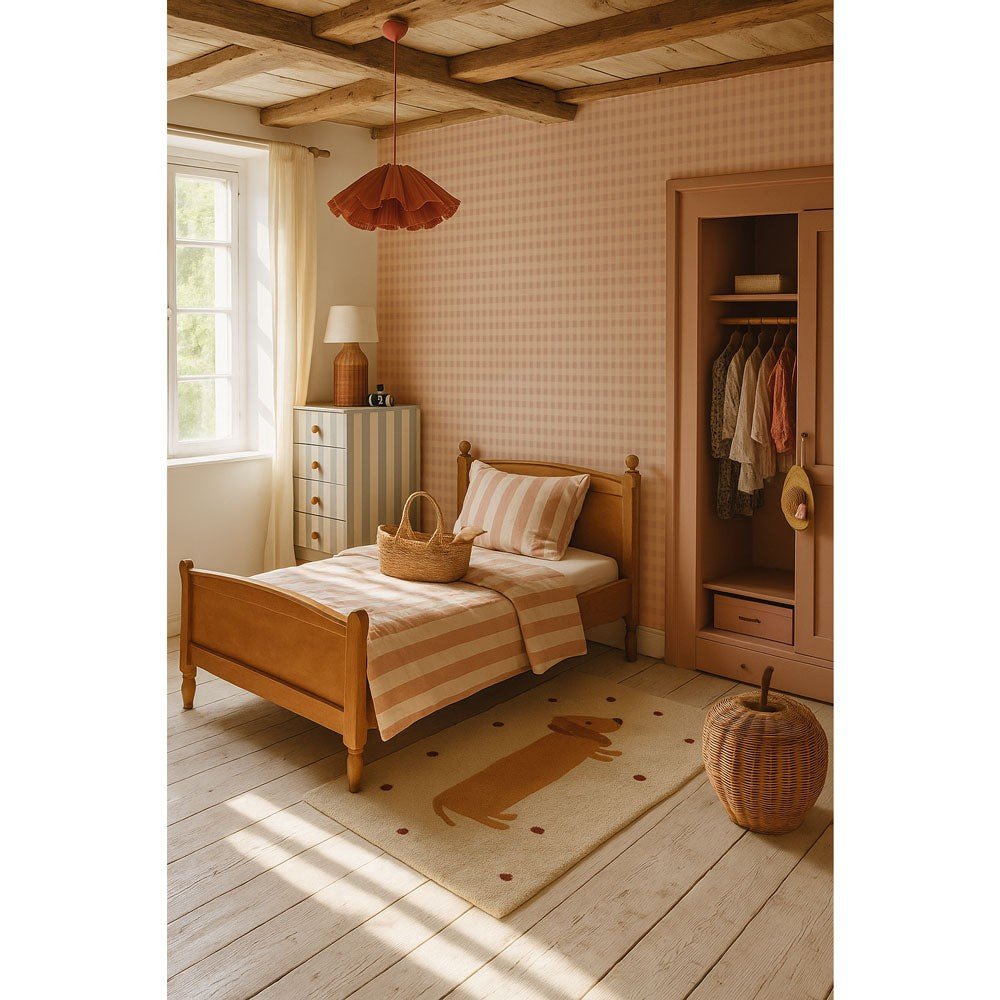 1. Cozy children's bedroom with pink cream checkered wallpaper, wooden bed, striped bedding, and wicker basket, creating a warm and inviting atmosphere