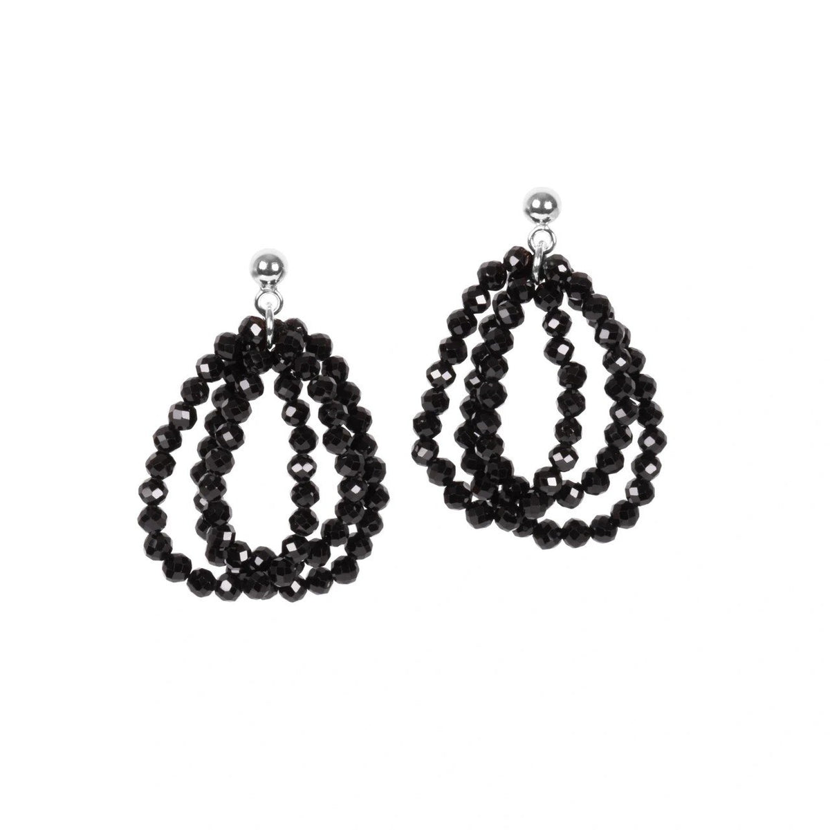 2. MyaMoon Cherie Boho S Earrings in silver, featuring black spinel pearl rings, studio shot highlighting eclectic design