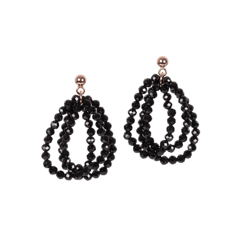 3. MyaMoon Cherie Boho S Earrings in rose gold, featuring black spinel pearl rings, studio shot highlighting eclectic design