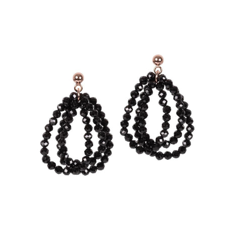 3. MyaMoon Cherie Boho S Earrings in rose gold, featuring black spinel pearl rings, studio shot highlighting eclectic design