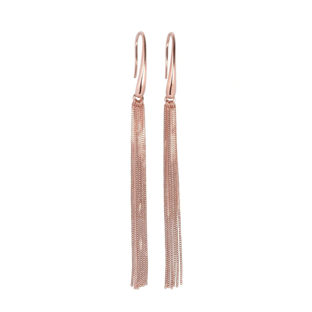 3. MyaMoon Cherie L-Tassel Earrings in rose gold, highlighting minimalist design and chain tassels, studio shot