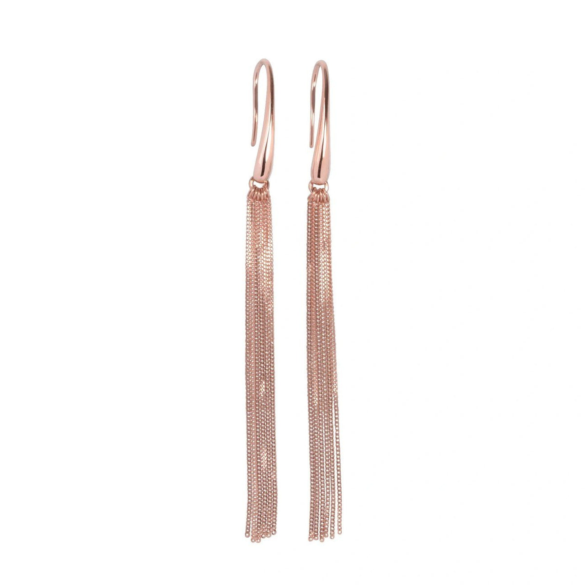 3. MyaMoon Cherie L-Tassel Earrings in rose gold, highlighting minimalist design and chain tassels, studio shot