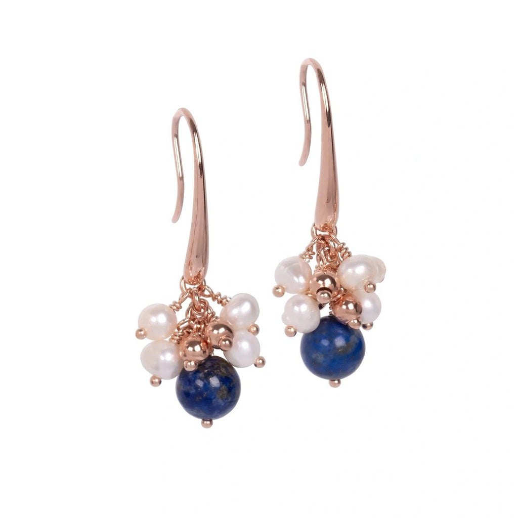 2. MyaMoon Cherie Lustre Earrings in rose gold with freshwater pearls and blue stones, studio shot