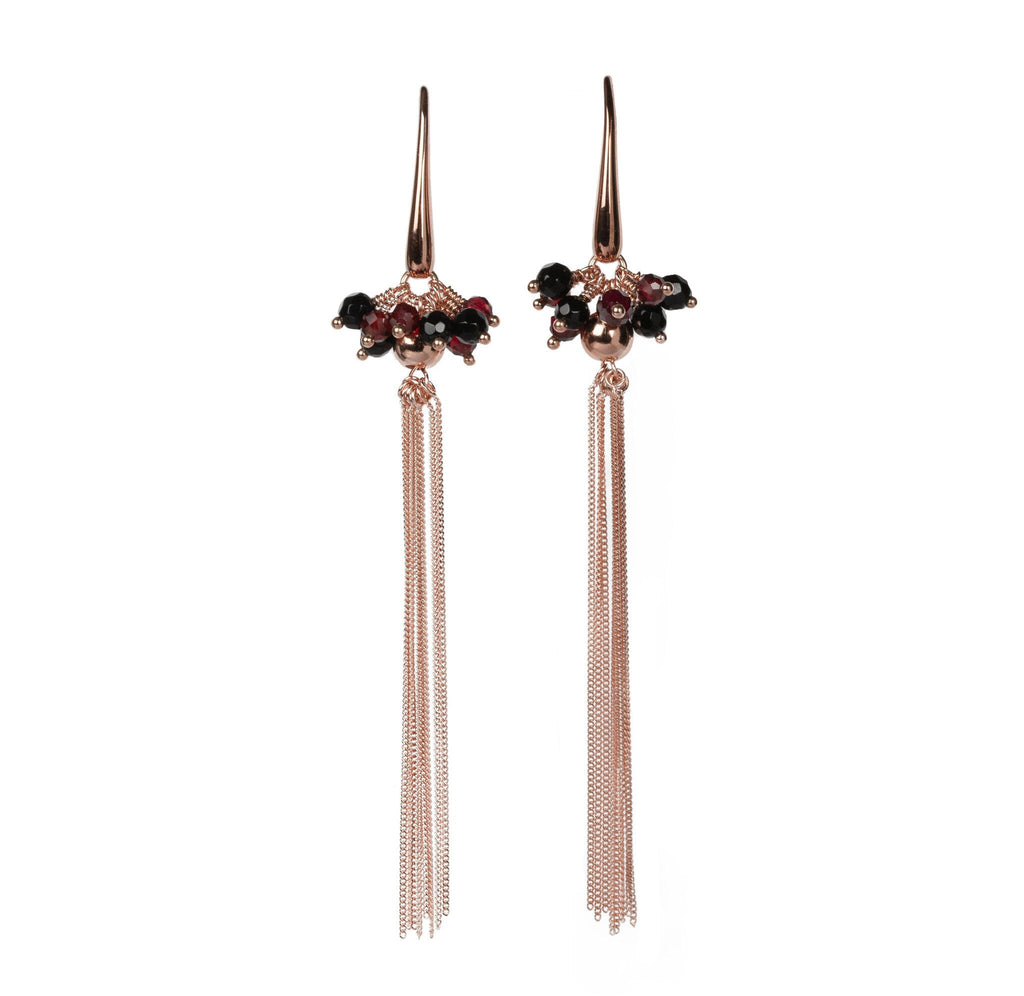 3. MyaMoon Cherie black tassel earrings in rose gold plating with retro pearl clusters, studio shot