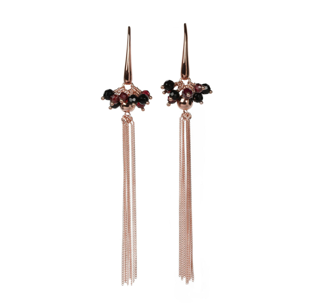 3. MyaMoon Cherie black tassel earrings in rose gold plating with retro pearl clusters, studio shot