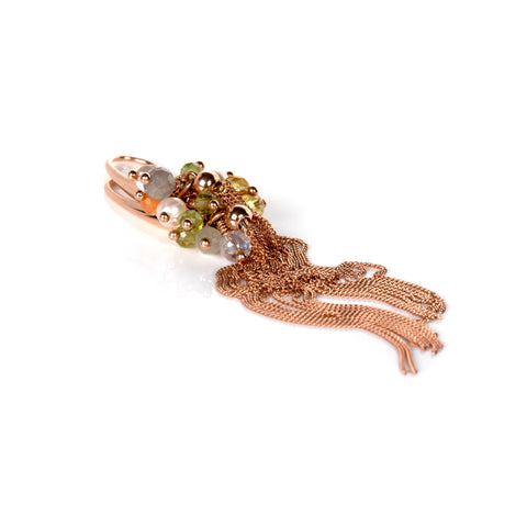 2. Close-up of MyaMoon Cherie Color Tassel Earrings in rose gold with garnet and onyx pearl clusters