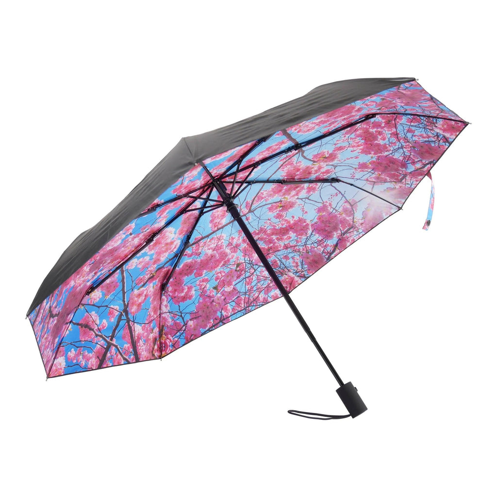 1. Cherry Blossom umbrella with pink floral pattern and black exterior, open view