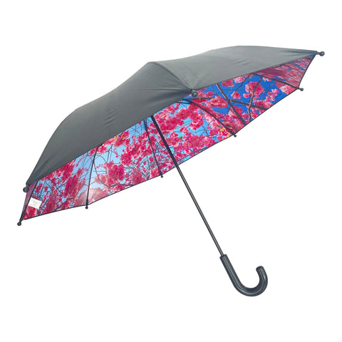 1. Children's umbrella with cherry blossom design on interior, black exterior, and curved handle, showcasing UPF50+ protection