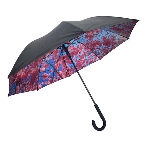 1. Large cherry umbrella with black exterior and cherry blossom interior design, showcasing windproof and UPF50+ features