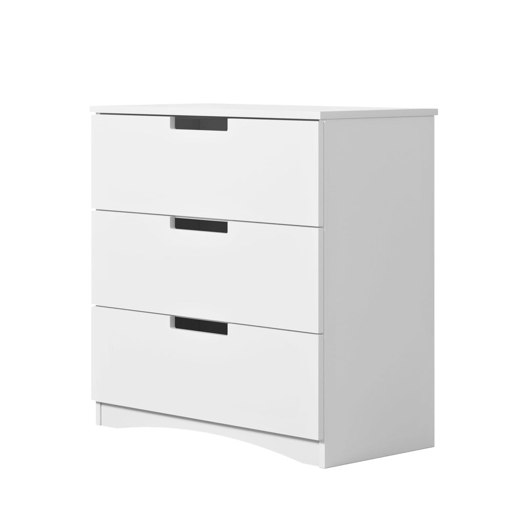 2. Side view of white chest of drawers with three drawers and ergonomic cutouts in a studio setting