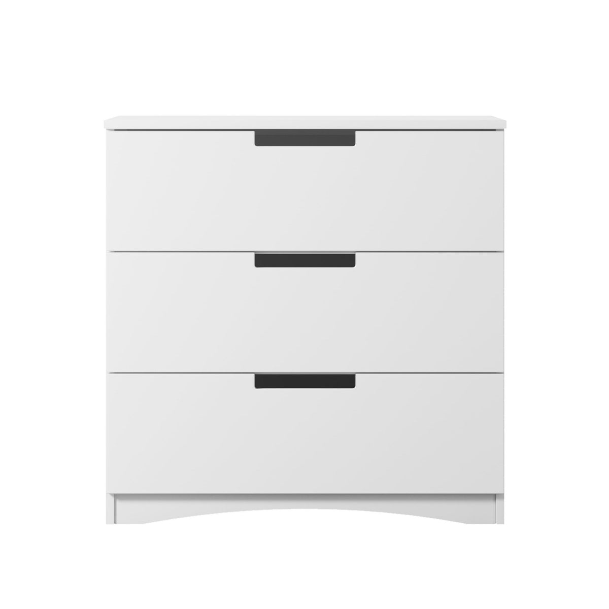 2. White chest of drawers with three spacious drawers and ergonomic cutouts, shown in a studio setting