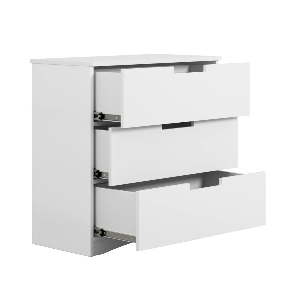 3. Close-up of white chest of drawers with open drawers showing full extension on ball bearing slides