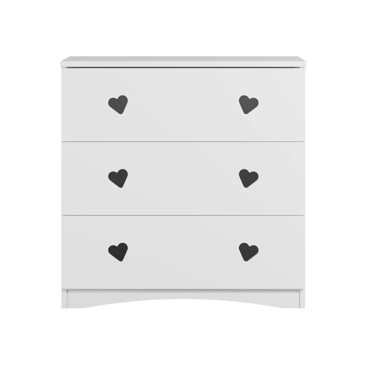 1. White chest of drawers with heart-shaped cutout handles, three spacious drawers, shown in a studio setting