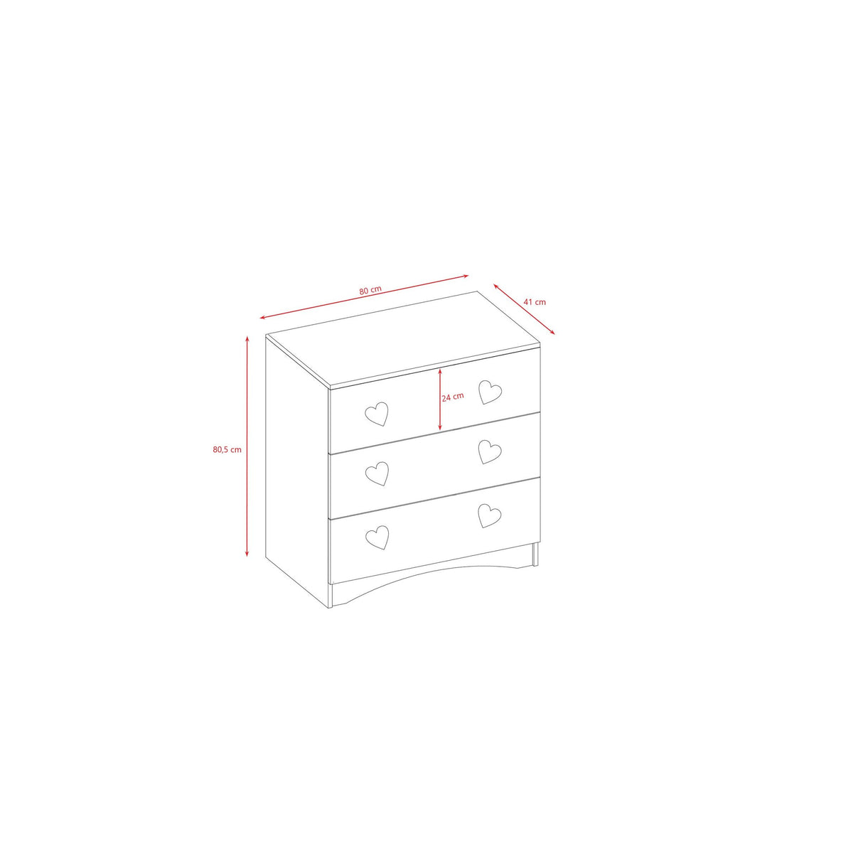 5. Size chart for Julia chest of drawers showing dimensions in centimeters