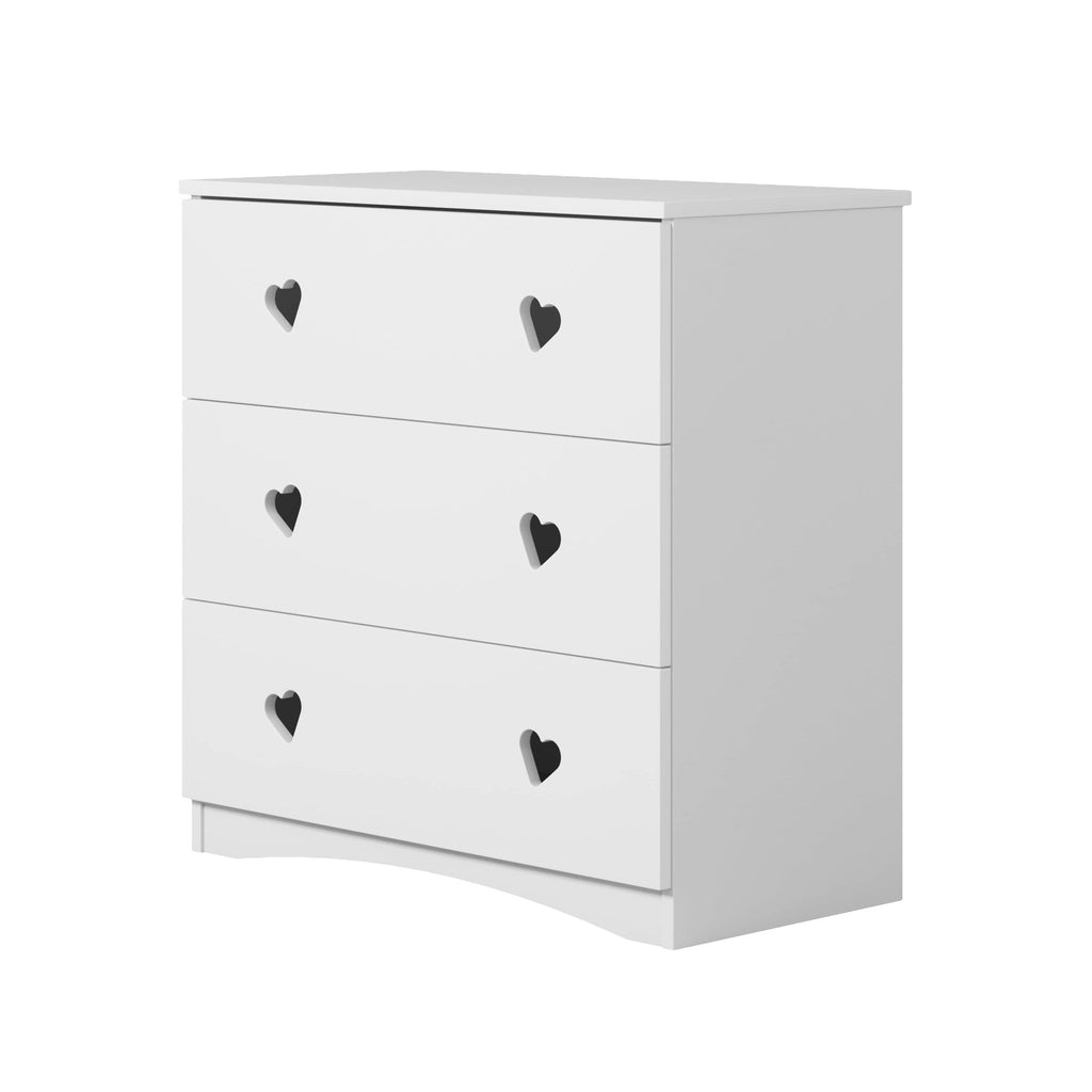 3. White chest of drawers with heart-shaped handles, angled view, studio setting