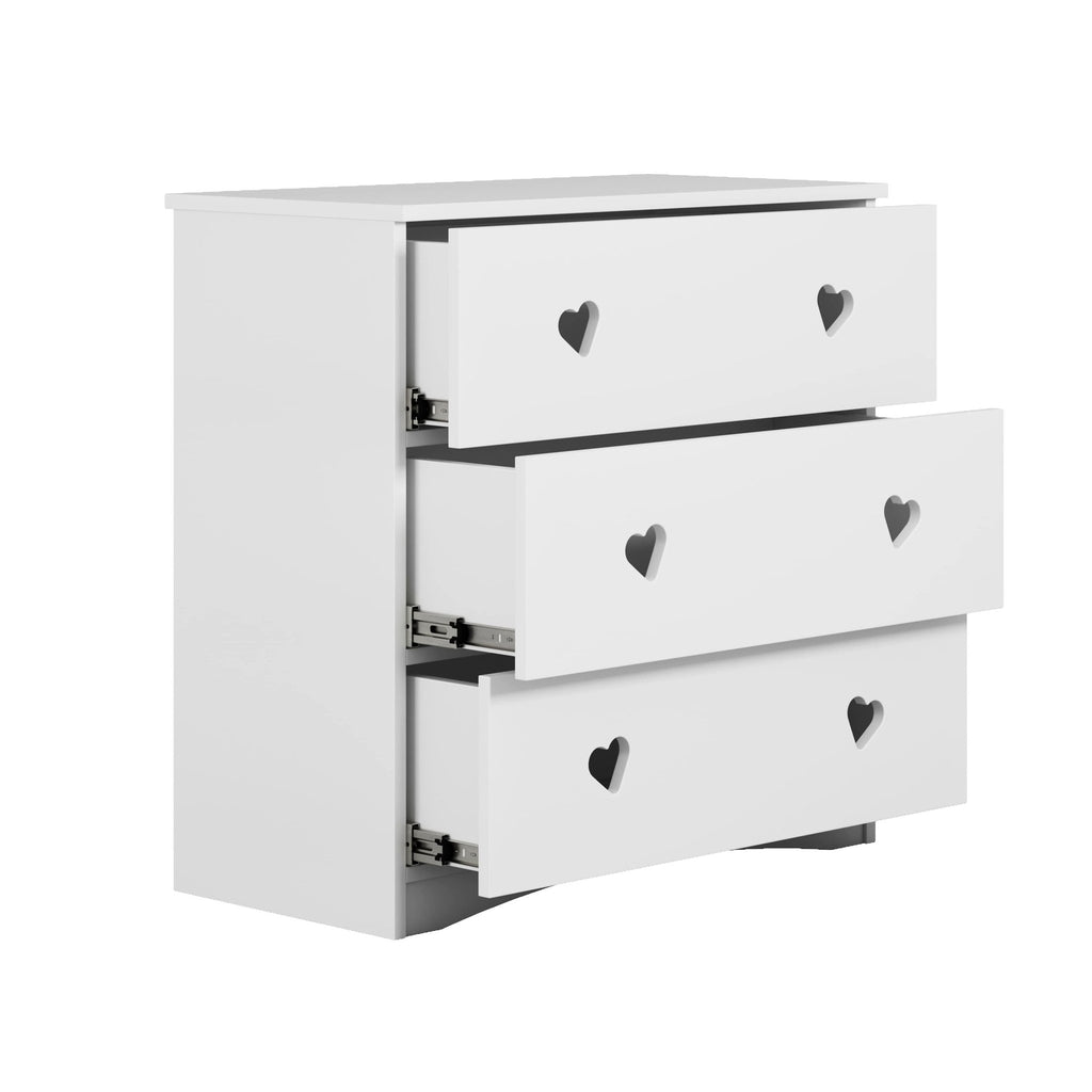 2. White chest of drawers with heart-shaped handles, three drawers partially open, side view in studio