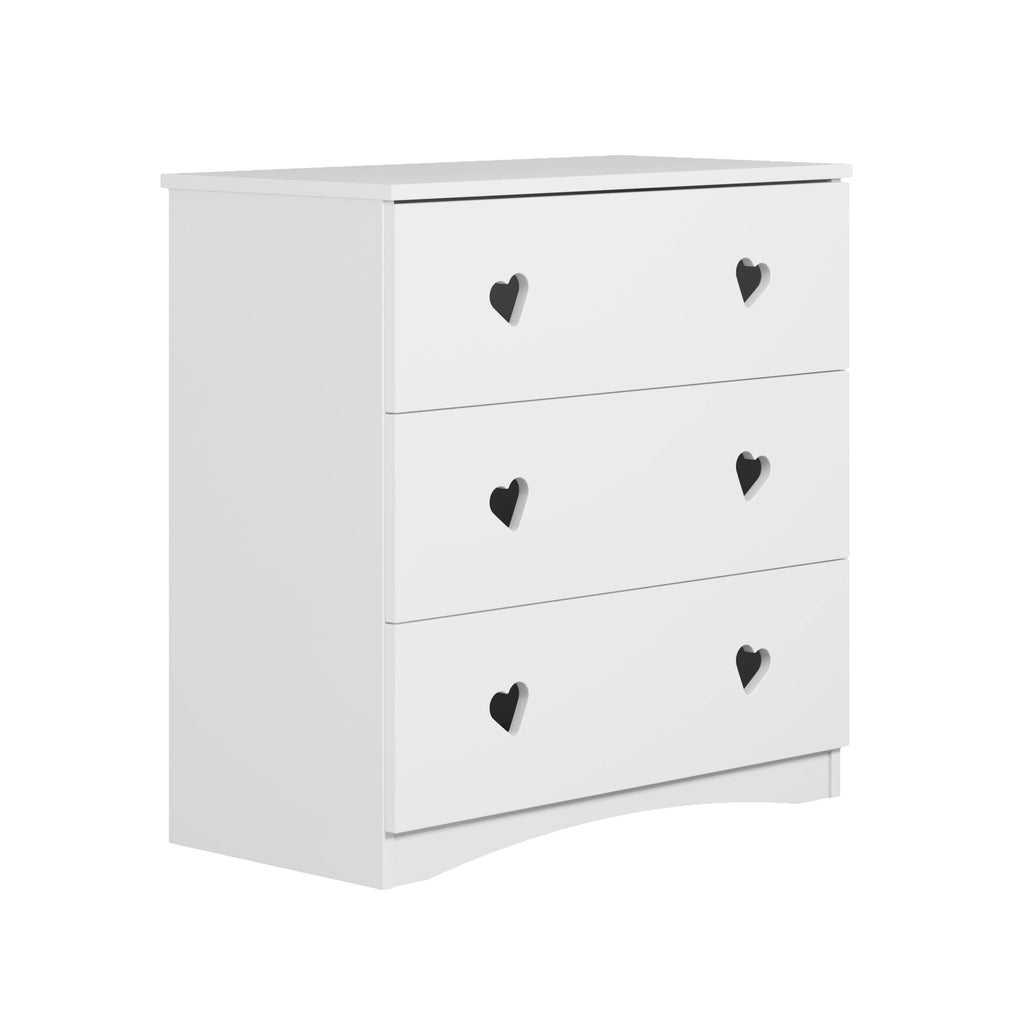 3. White chest of drawers with heart-shaped handles, angled view, three drawers, studio background