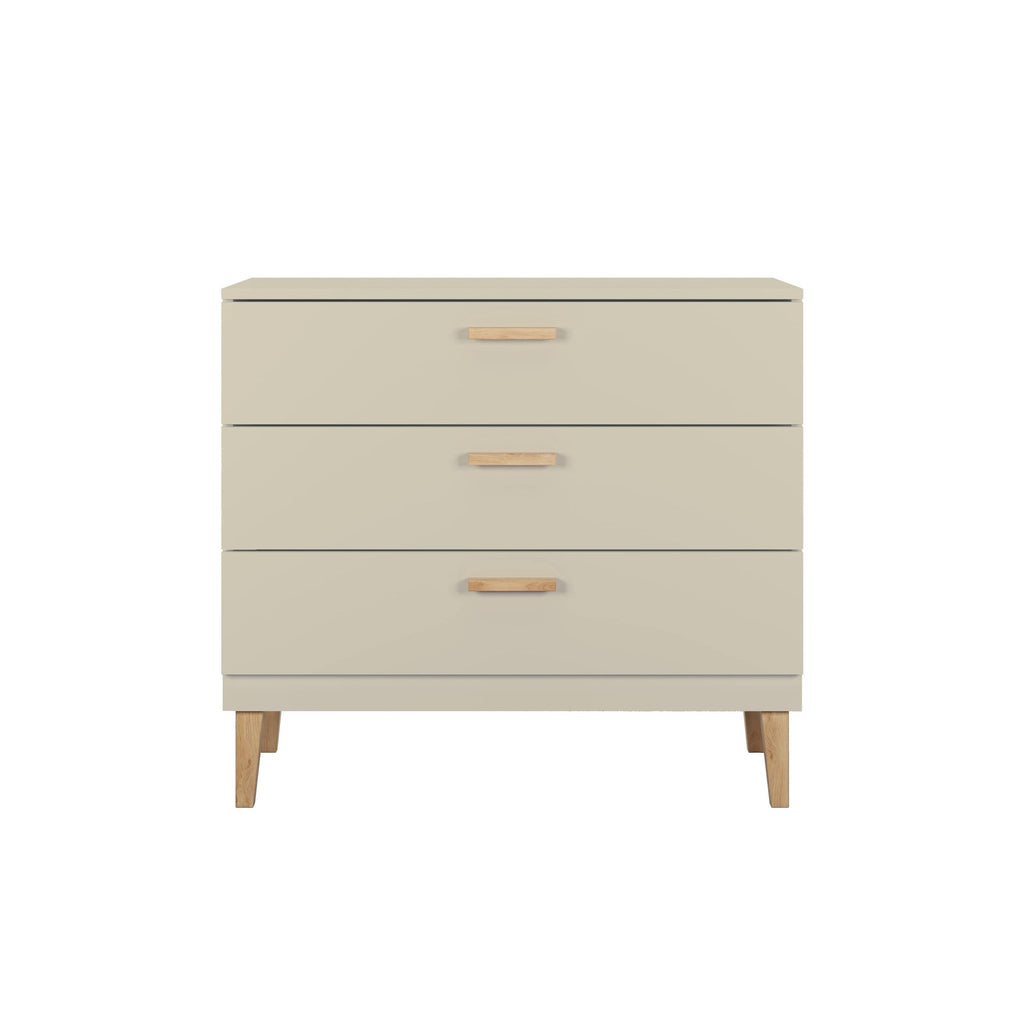 2. Studio shot of Kocot Kids Kubi chest of drawers in cashmere with three drawers and oak legs