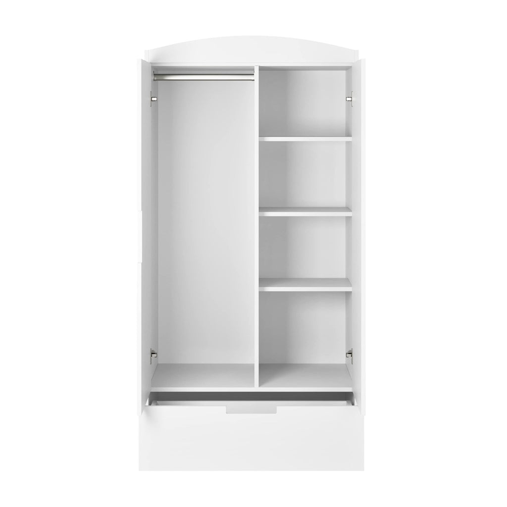 4. Interior view of Kocot Kids white Classic wardrobe with adjustable shelves and clothing rod