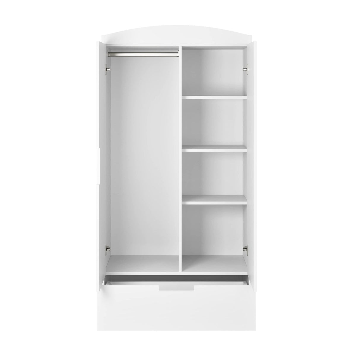 4. Interior view of Kocot Kids white Classic wardrobe with adjustable shelves and clothing rod