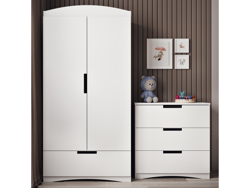 7. Kocot Kids white Classic wardrobe beside chest of drawers in cozy room