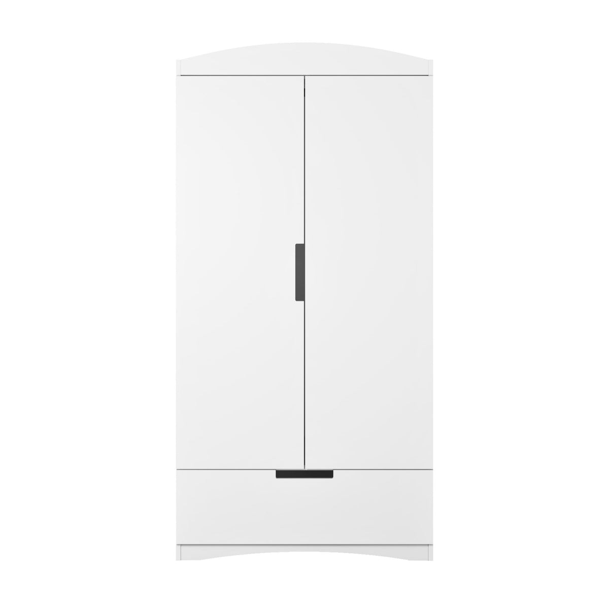 1. Front view of Kocot Kids white Classic wardrobe with ergonomic cutouts and full-extension drawer