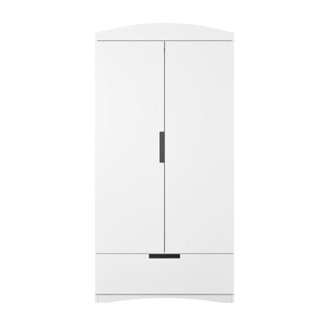 1. Front view of Kocot Kids white Classic wardrobe with ergonomic cutouts and full-extension drawer