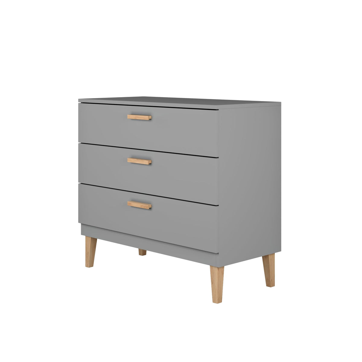 2. Angled view of Kocot Kids Kubi grey chest of drawers showing side and front with oak handles