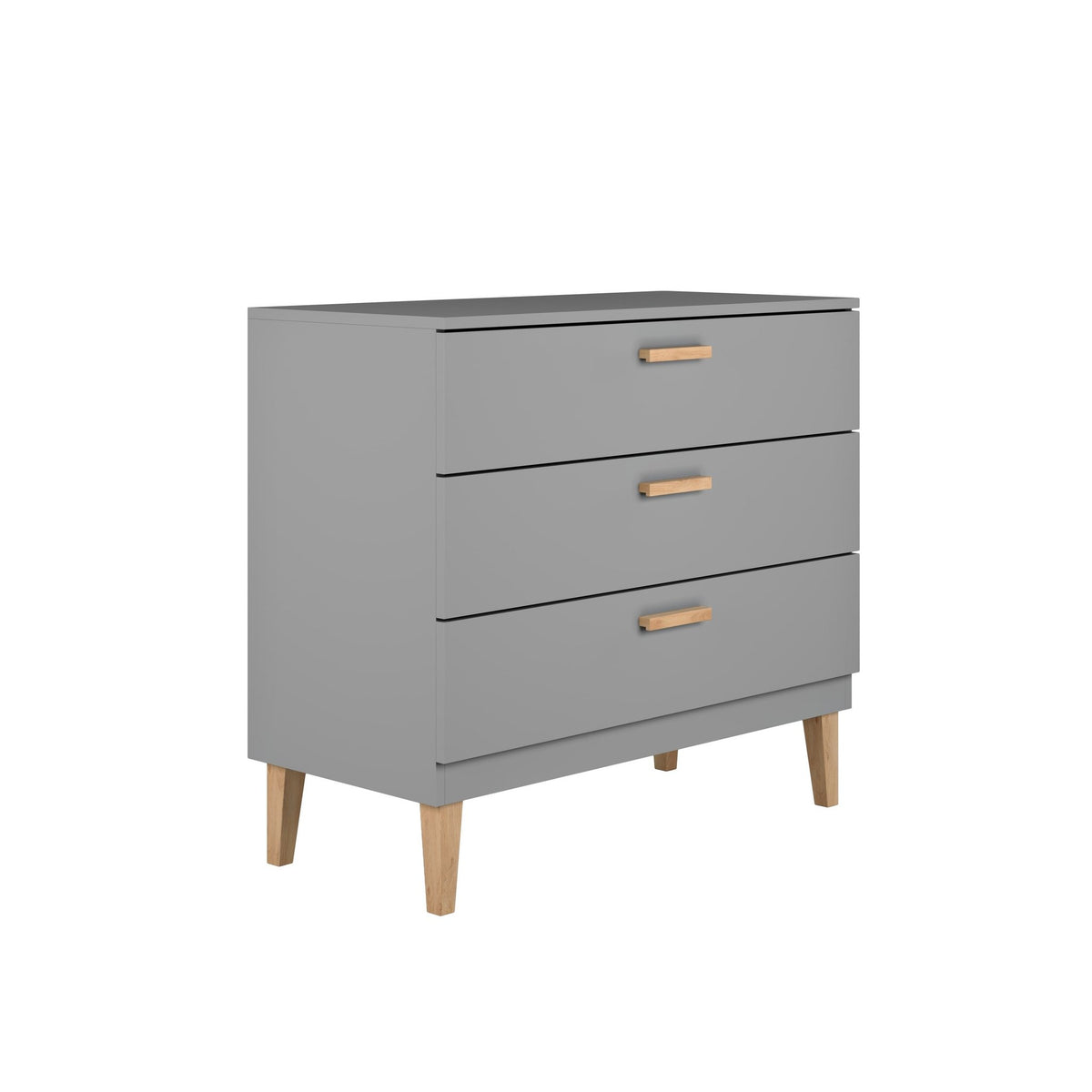 7. Side view of Kocot Kids Kubi grey chest of drawers highlighting oak legs and handles