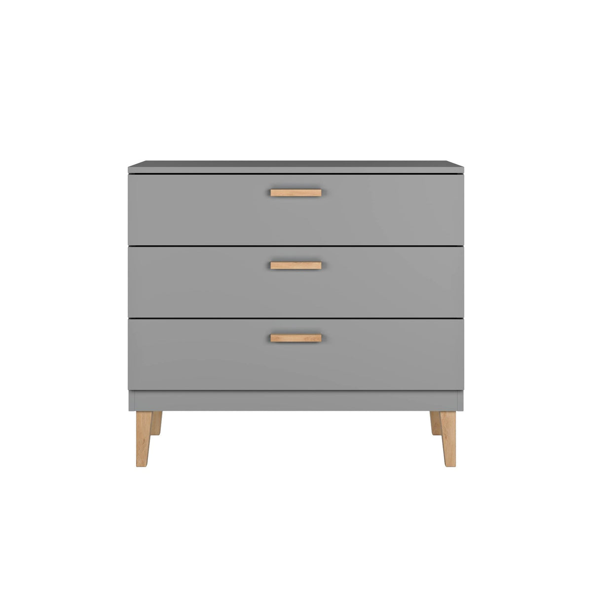 1. Front view of Kocot Kids Kubi grey chest of drawers with three spacious drawers and solid oak legs