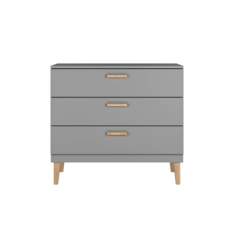 1. Front view of Kocot Kids Kubi grey chest of drawers with three spacious drawers and solid oak legs