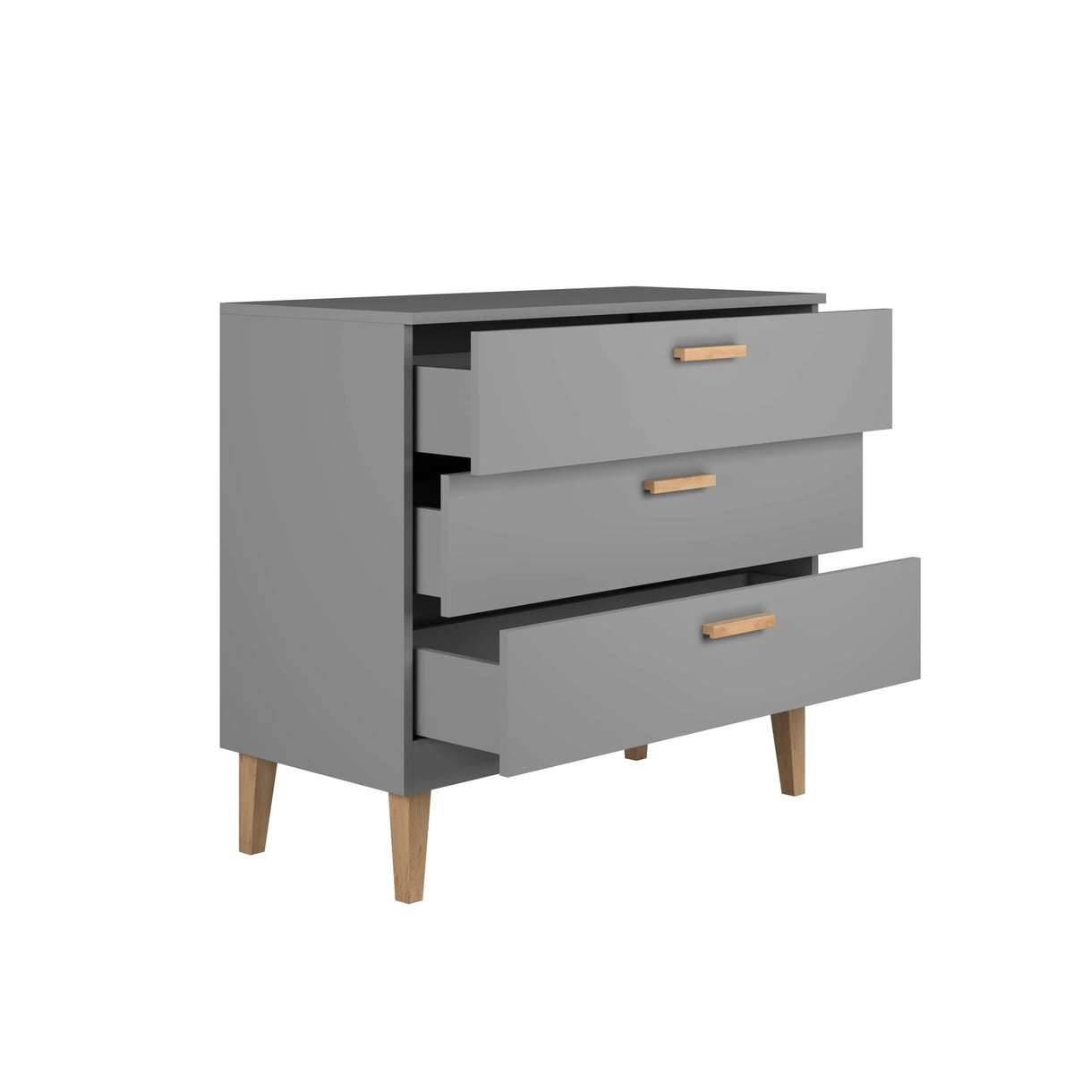 8. Kocot Kids Kubi grey chest of drawers with open drawers showing interior space