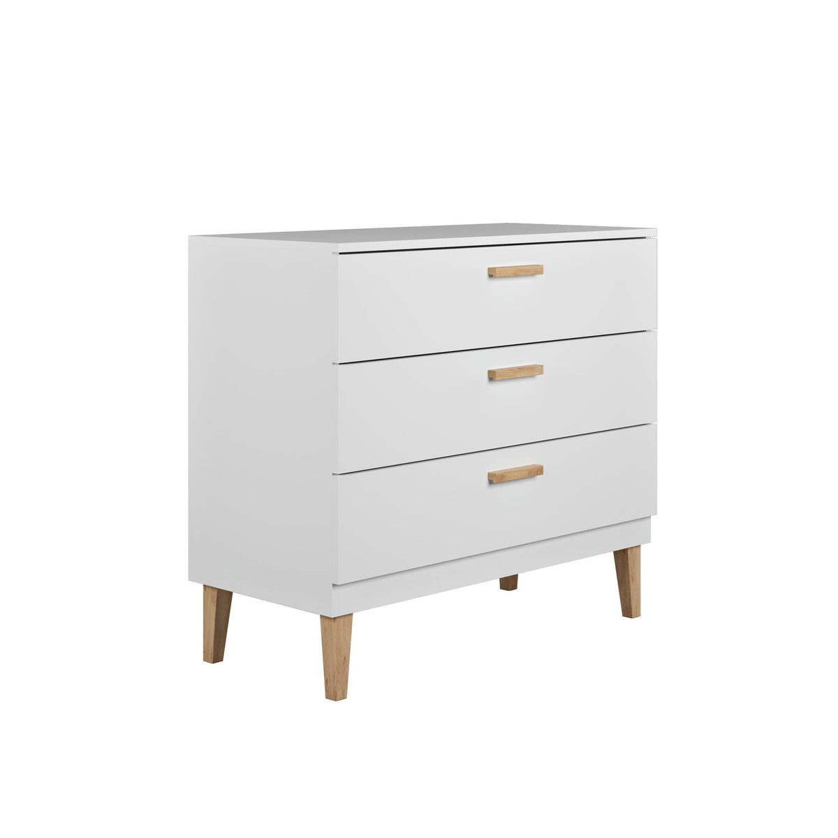 2. Angled view of white chest of drawers with oak handles and legs in a studio setting