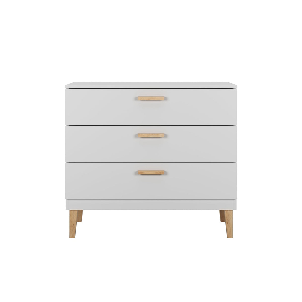 2. White chest of drawers with three oak-handled drawers and solid oak legs, shown in a studio setting