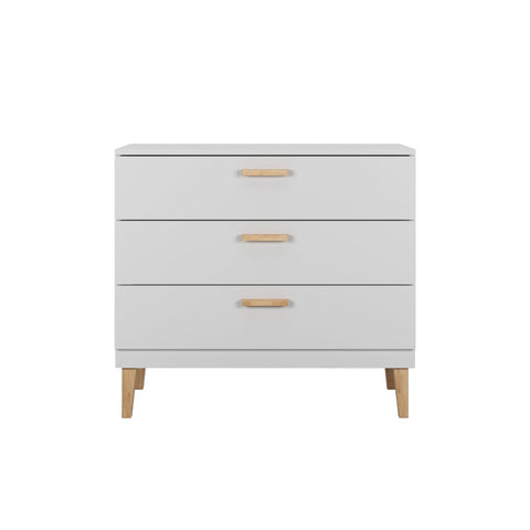 2. White chest of drawers with three oak-handled drawers and solid oak legs, shown in a studio setting