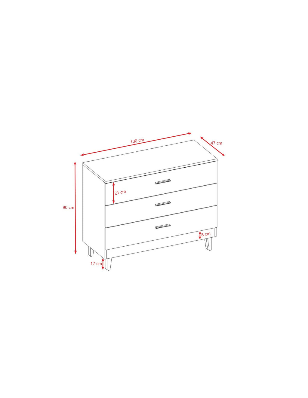 5. Size chart for Kubi white chest of drawers showing dimensions in centimeters